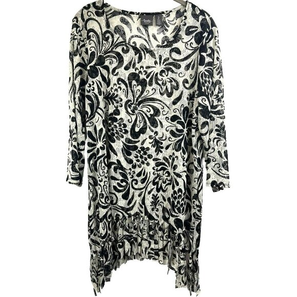Chicos Women's Top Large Tunic Sheer Black White Cloth Fringe Stretch 3/4 Sleeve - Picture 1 of 7